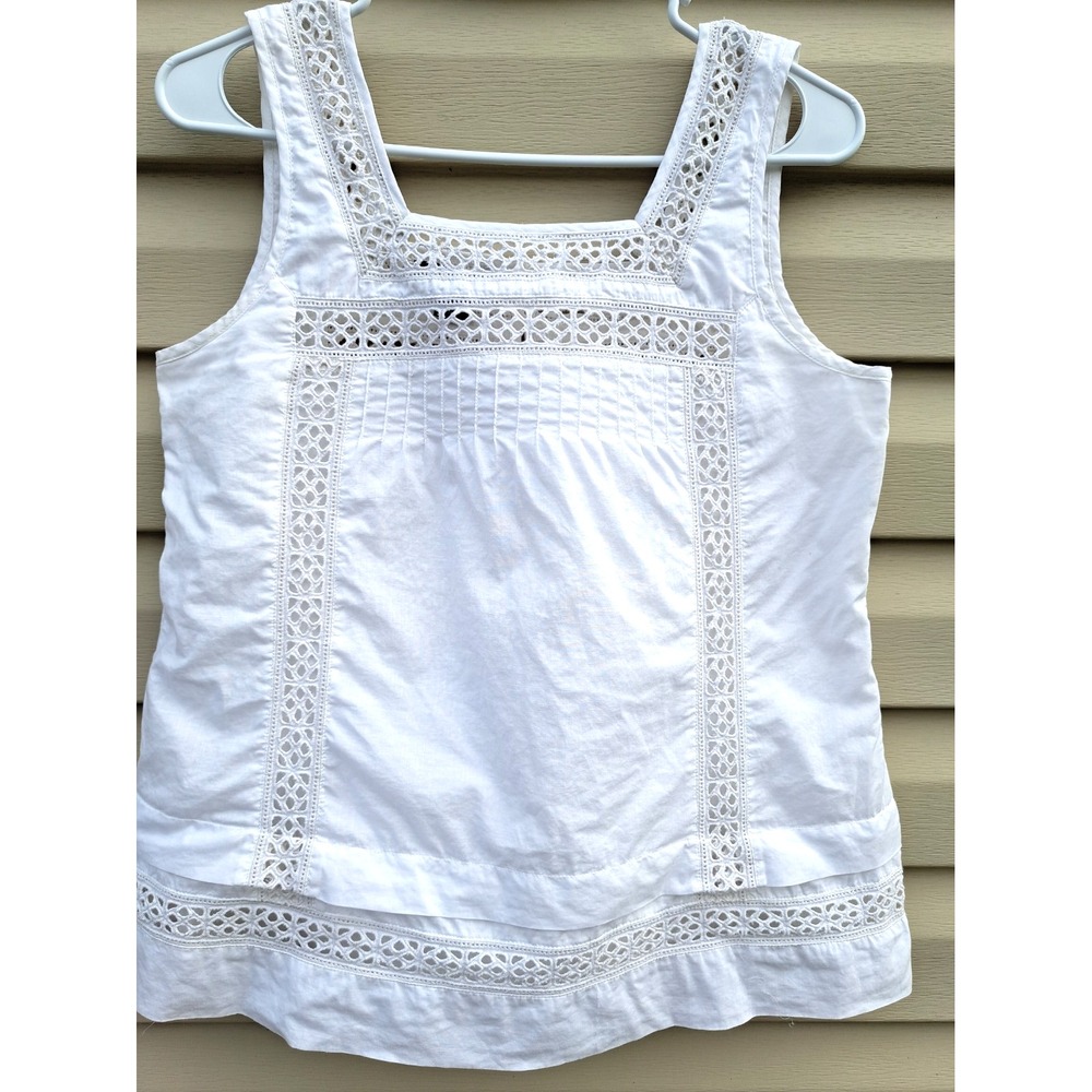 Gap Women's White Cotton Linen Sleeveless Square Neck Eyelet Lace Tank Top M